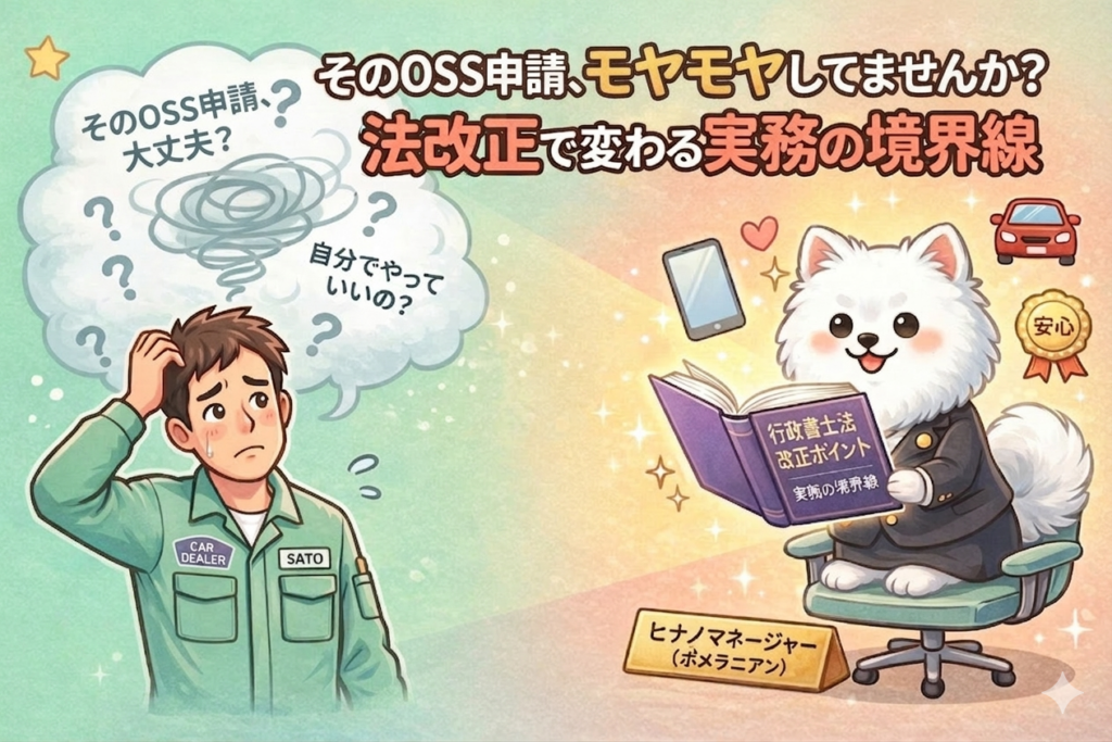 行政書士法改正と車の手続きを開設する白いポメラニアンヒナノのイラスト
